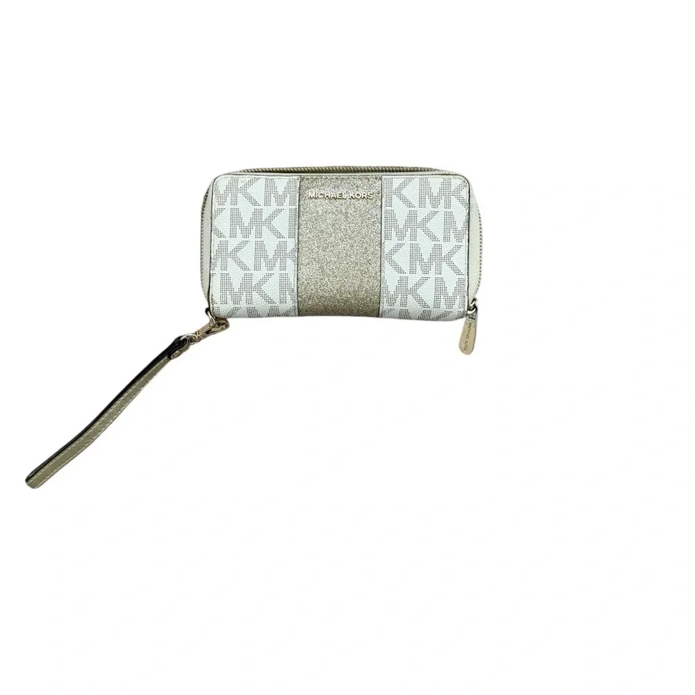 Michael Kors Jet Set Center Stripe Wallet Vanilla MK Gold Phone Wristlet